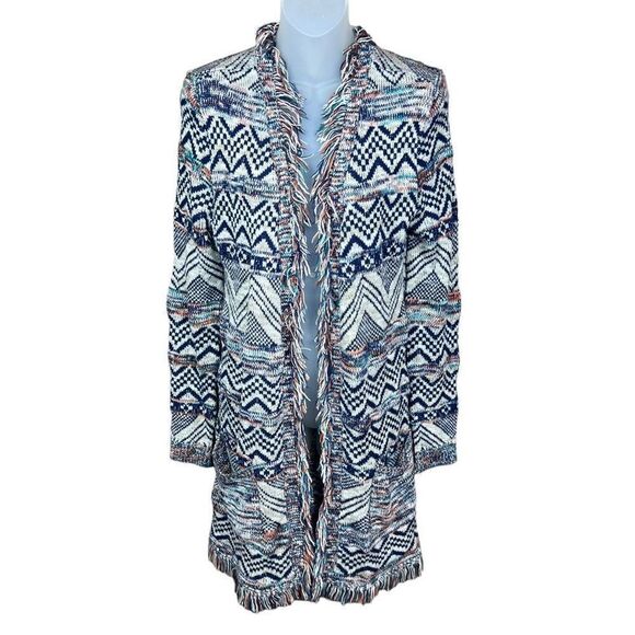 Altar’D State Cardigan Aztec Blue Black Orange Tan Multi Fringe Hemline Medium - Picture 1 of 14